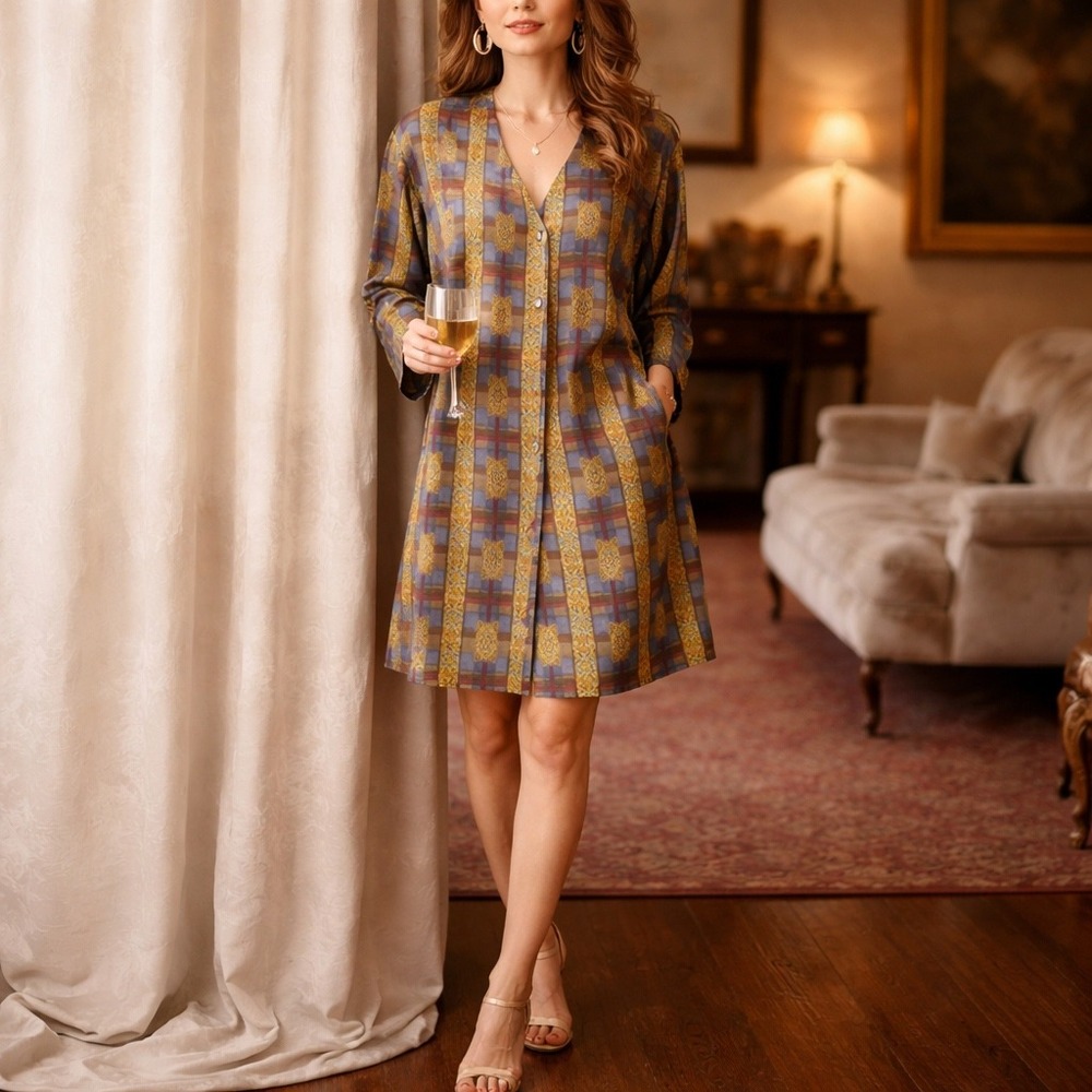 Victoria's Secret Blue and Gold Printed Satin Robe